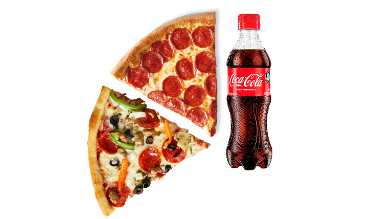 Combo de 2 porciones de pizza más gaseosa 10 onz