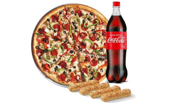 Combo pizza entera más 4 breadstricks más gaseosa 400ml